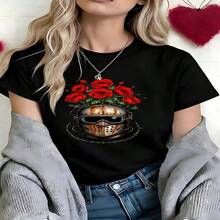 Edgy Floral Helmet Graphic T-Shirt, 100% Cotton Oversized Soft Breathable Casual Crewneck Short Sleeve Top, Streetwear Aesthetic Summer Vibes Tee For Women & Art Lovers - 黑色 - 查看 18