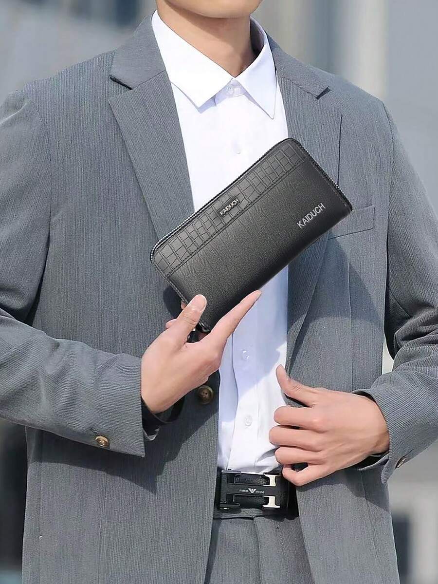 HOVI'S Men's Multi-Function Card Wallet | KAIDUCH PU Leather With Secure Zipper, Phone Size Design, Holds Essentials, Compact 19.5cm,Fathers Day Gifts - Black - View 1