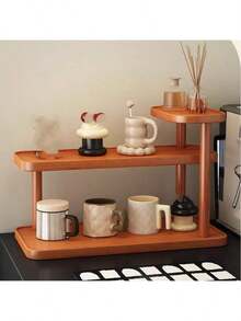 1pc 3-Tier Staggered Cosmetic Storage Rack, High-Low Layered Design, Can Store Perfume, Face Cream, Makeup Brushes, Various Skincare Bottles And Jars. Natural Wood Grain Texture High-End, Suitable For Dressing Table, Bathroom Countertop Placement, Minimalist Ins Style Desktop Decor, Partitioned Storage For Makeup And Skincare, Saves Desktop Space, Practical Home Beauty Organizer Shelf - Brown - View 2