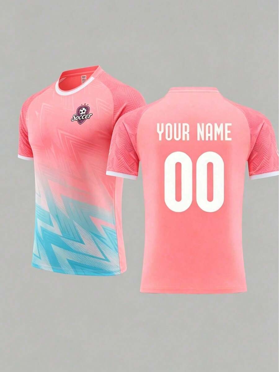 Men Personalized Soccer Jersey - Customizable Name And Number Print Short Sleeve T-Shirt Set, Quick-Dry Moisture-Wicking Sports, Suitable As A Gift - Pink - View 1