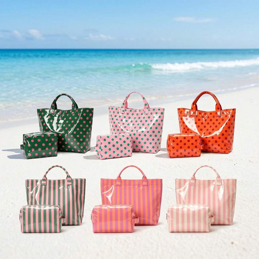 2pcs/Set Women'S Bag ,Retro Polka Dot/Stripe Tote Bag Set, Large-Capacity Handbag And Cosmetic Bag,Portable Storage Two Pieces Set, Multi-Purpose Bag - Multicolor - View 1