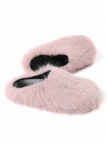 Womens Faux Fur Slippers Round Toe Fuzzy Fluffy Flat Warm Furry Bedroom Slipper Home Slides Thick Plush Indoor Outdoor Flat Summer Sandals For Women - 粉紅毛茸茸 - 查看 2