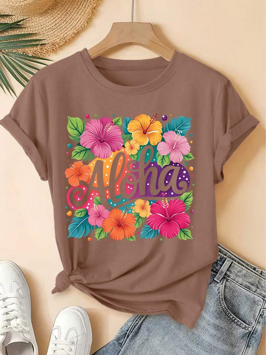 Ropa de Mujer a la Moda 2026, Camiseta Vintage de Manga Corta con Cuello Redondo y Estampado Colorido de Flores de Hibisco Tropical Aloha, Estilo Bosque Fresco, Top Holgado, Moda Elegante pa - Café integral - Ver 1