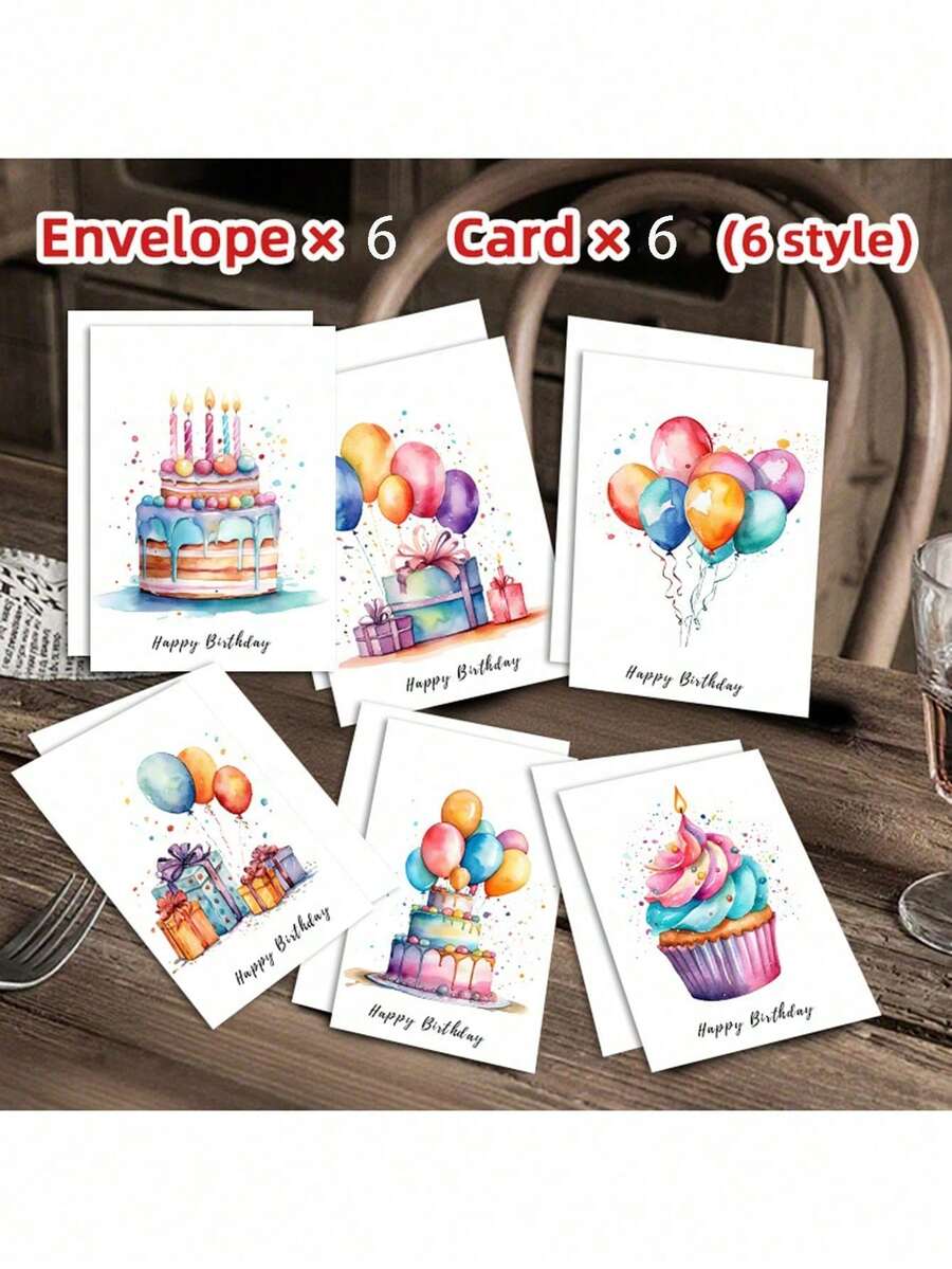 12張生日祝福卡 (6張卡片 + 6個信封)，彩色設計，高級紙質，大包裝，適用於家人、朋友、同事、老師、同學，情人節、復活節、週年紀念生日卡 - 彩色 - 查看 1