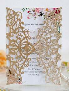 Gold Glitter Hollow Rose Design Wedding Artificial Flowers, Includes Envelope And RSVP Card, Pre-Tied Ribbon, Perfect Gift For Weddings, Bridal Showers, Engagement Parties, Anniversaries - A - View 8