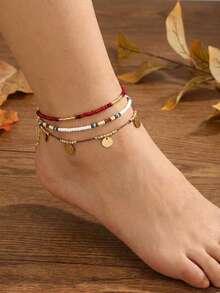 3 piezas Tobilleras de estilo bohemio con colgante de cuentas de semilla de colores apilables y multicapa, joyería de pie minimalista de moda personalizada con cuentas (color de cuentas aleatorio) - Multicolor - Ver 3