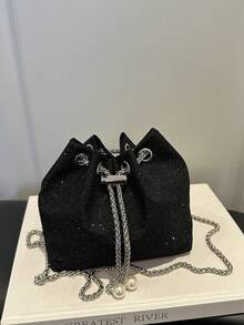 Bolso de cubo cruzado de unicolor con cordón y tejido calado, bolso pequeño, bolso de playa - Negro 5 - Ver 4