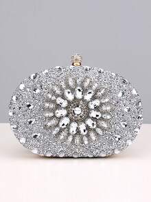 Bolso de mano de noche con strass de acrílico para y boda, bolso de hombro con cadena popular adornado con strass - Beis - Ver 2