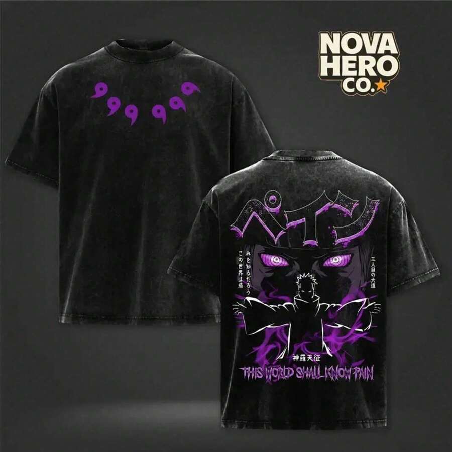 uello Redondo, Manga Corta, 100% Algodón Transpirable, Álbum 2026. Camiseta Vintage de Anime "Nagato 'This World Shall Know Pain'" con Efecto Lavado – Algodón Grueso de Talla Grande. - Negro - Ver 1