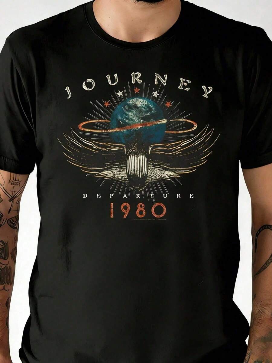 1 camiseta gráfica retro de la banda de rock "Journey Departure 1980" para hombre, 100% algodón, cuello redondo, manga corta, ideal para fans de la música y ropa casual vintage para hombre, - Negro - Ver 1
