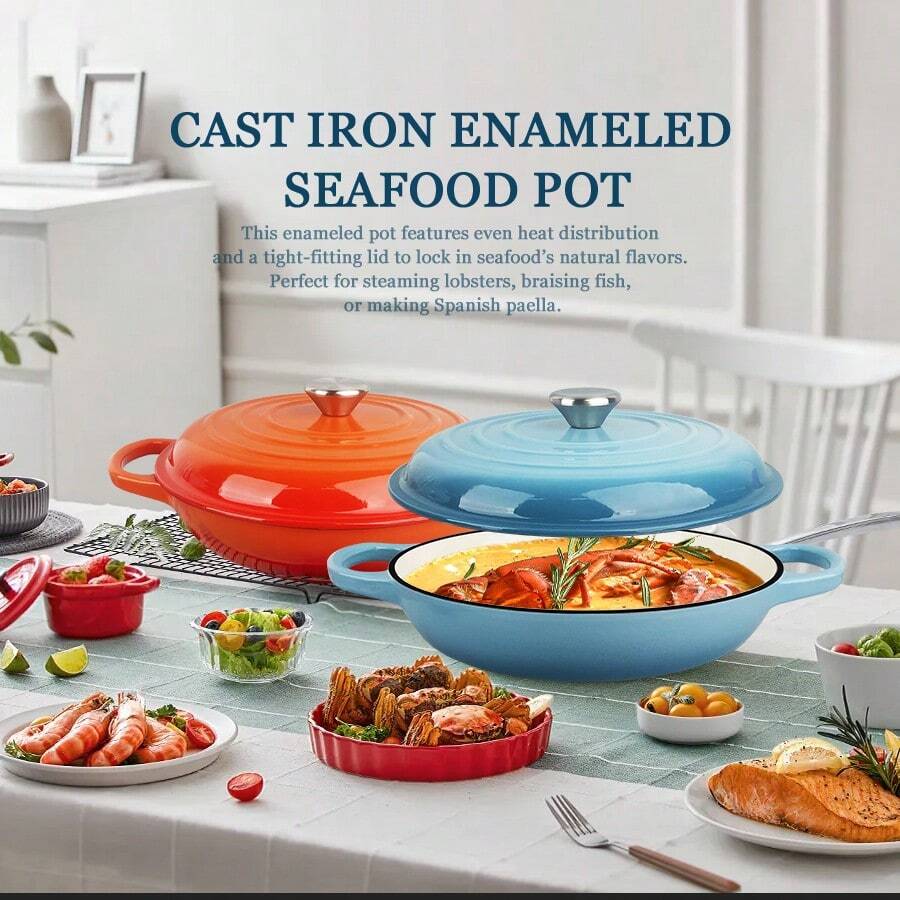 ABKOK Heavy Duty Enamel Cast Iron Casserole Pot With Lid, Non-Stick Enamel Cookware Perfect For Seafood, Soups, Stews, Compatible With Induction Gas Stove & Oven - View 1