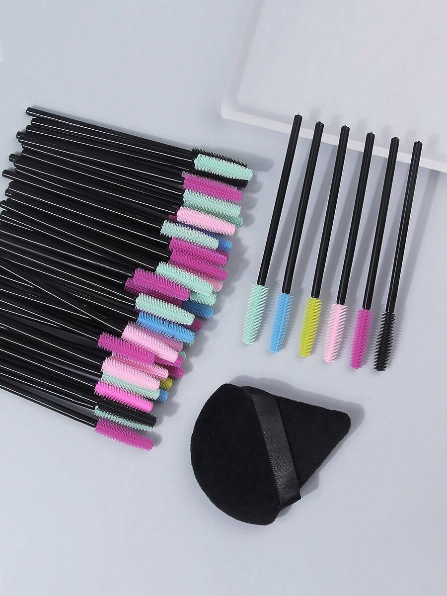 50pcs Silicone Mascara Brushes Multi-Color Mixed Eyelash Combs, Eyebrow Brushes Eyelash Extension Makeup Brush Set Women's Eyebrow Brushes Makeup Tools With 1 Sponge Powder Puff