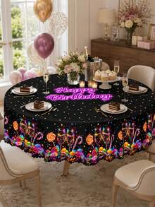 A Neon Candy Printed Polyester Tablecloth, Black Multicolored Happy Birthday Tablecloth, Suitable For Birthday Parties, Cake And Dessert Parties, Family Gatherings, Multi-Functional Decorative Tablecloths, And Indoor Holiday Decorations. - A - View 2