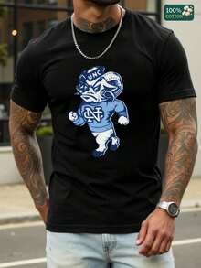 Camiseta de algodón de corte clásico para hombre con diseño retro gráfico de la mascota de los UNC Tar Heels en blanco y negro llamativo, suave y transpirable, ideal para uso diario, regalo - Negro - Ver 1