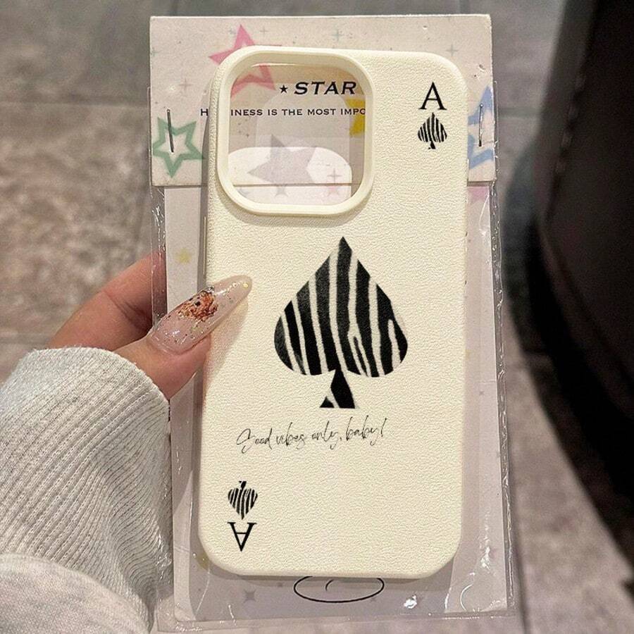 1pc TPU Material Ace Of Spades Zebra Stripe Slogan Pattern Phone Case Compatible With IPhone 17 Pro Max/17/16 Pro Max/15/13/12/11/ S20 FE/A15/S24/A55/ Note 11/Note 12/Note 13 Pro Full Coverage Shockproof Soft Shell Protective Cover - White - View 1