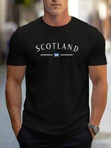 Camiseta Casual de Manga Corta con Cuello Redondo - Estampado Escocés, Corte Regular, Negra con Texto y Bandera Blancos, Ropa Casual para Hombre - Negro - Ver 1