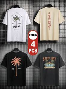 4 Stück Herren-T-Shirts in großen Größen für den Sommer, Strand und Lässig mit Blumenmuster - Verschiedenfarbig - Übersicht 1