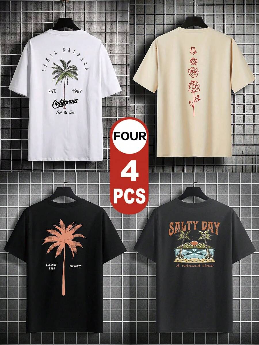 4 Stück Herren-T-Shirts in großen Größen für den Sommer, Strand und Lässig mit Blumenmuster - Verschiedenfarbig - Übersicht 1