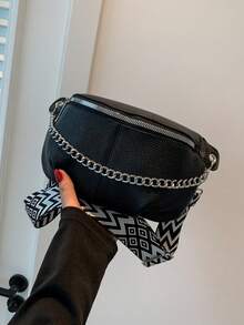 Mini Bolso de Cintura/Pecho Minimalista Versátil Unisex de unicolor, Decoración de Cadena Metálica, Correa para Hombro Destacada - Negro - Ver 7