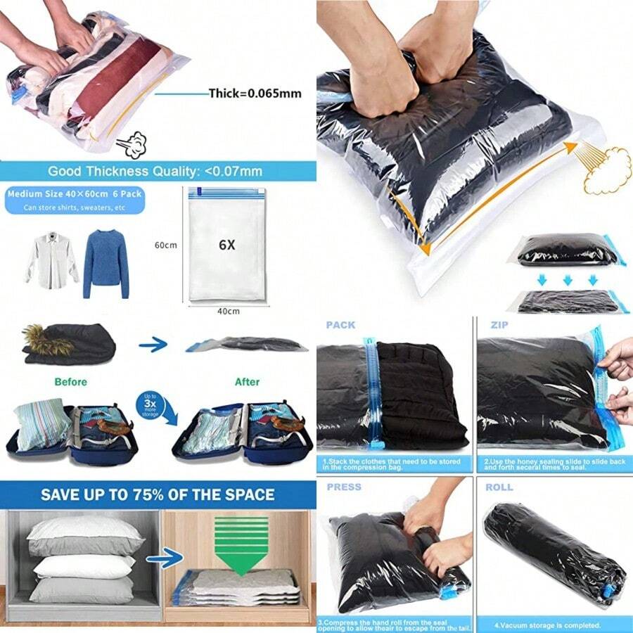 DAWNTREES Paquete de 6 bolsas de embalaje de compresión para viajes almacenamiento al vacío 40 x 60 cm almacenamiento de compresión enrollable no necesita aspiradora y organizadores de embalaje - Almacenamiento al vacío 40x60cm - Ver 1