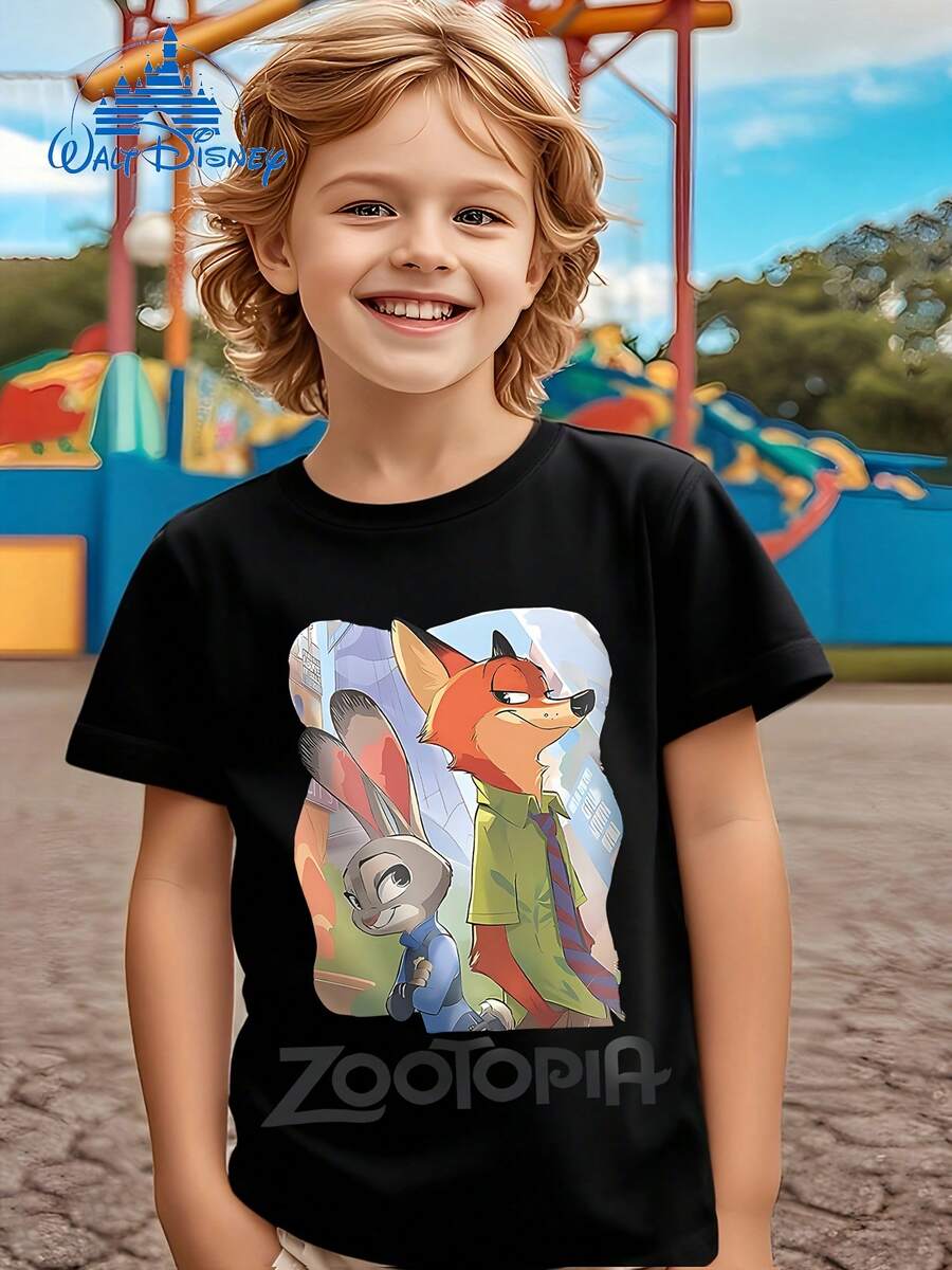 Disney Animal World Nick Wild Judy Hopps City Background Children's Pattern Short-Sleeved T-Shirt, Suitable For Daily Wear, For Both Boys And Girls. - Black - View 1