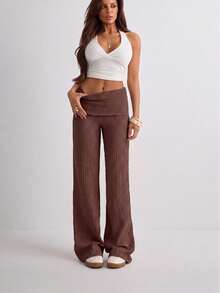 Women's Solid Color Textured Fabric Casual Straight Wide Leg Pants - Brown - View 1