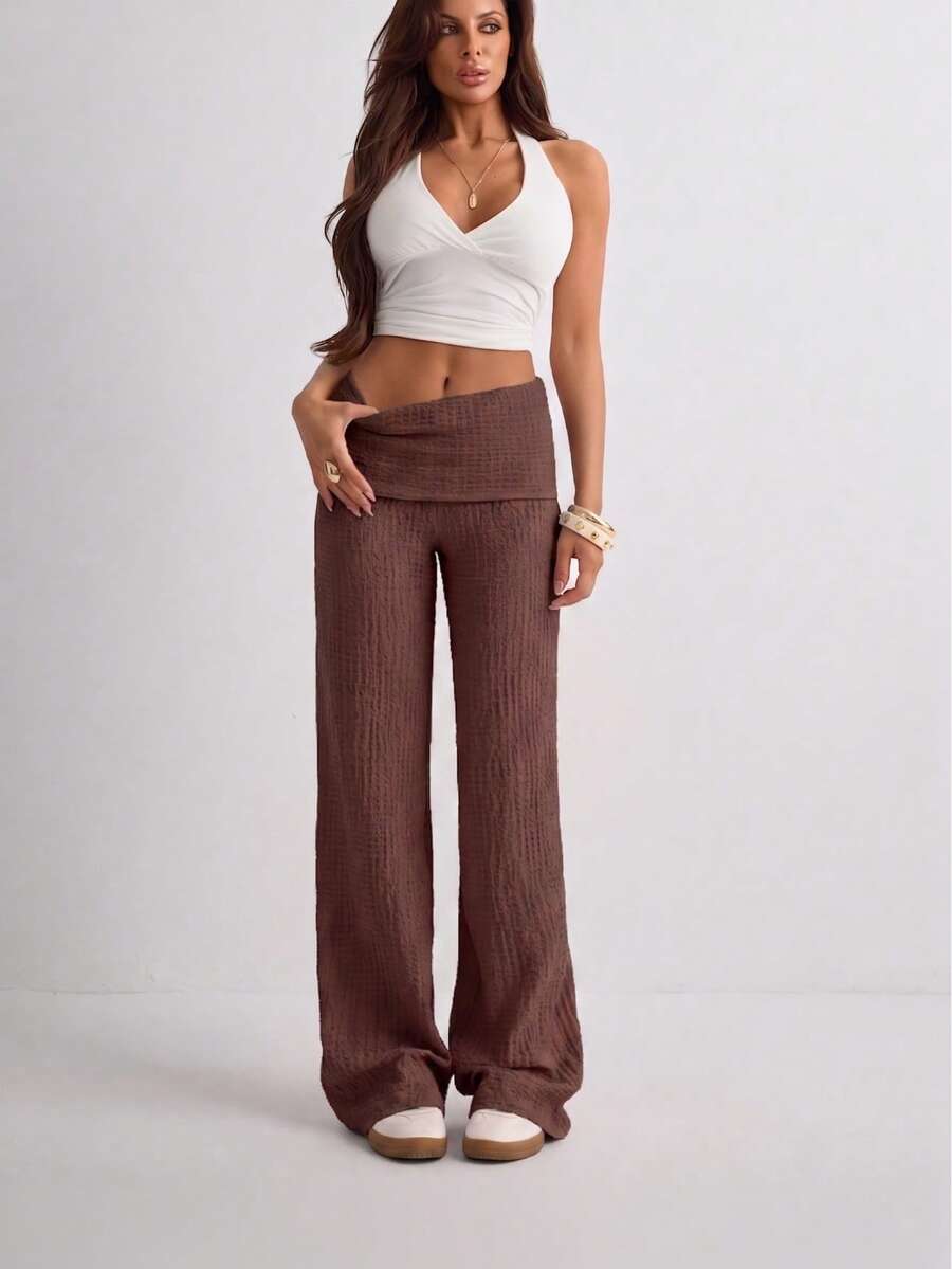 Women's Solid Color Textured Fabric Casual Straight Wide Leg Pants - Brown - View 1