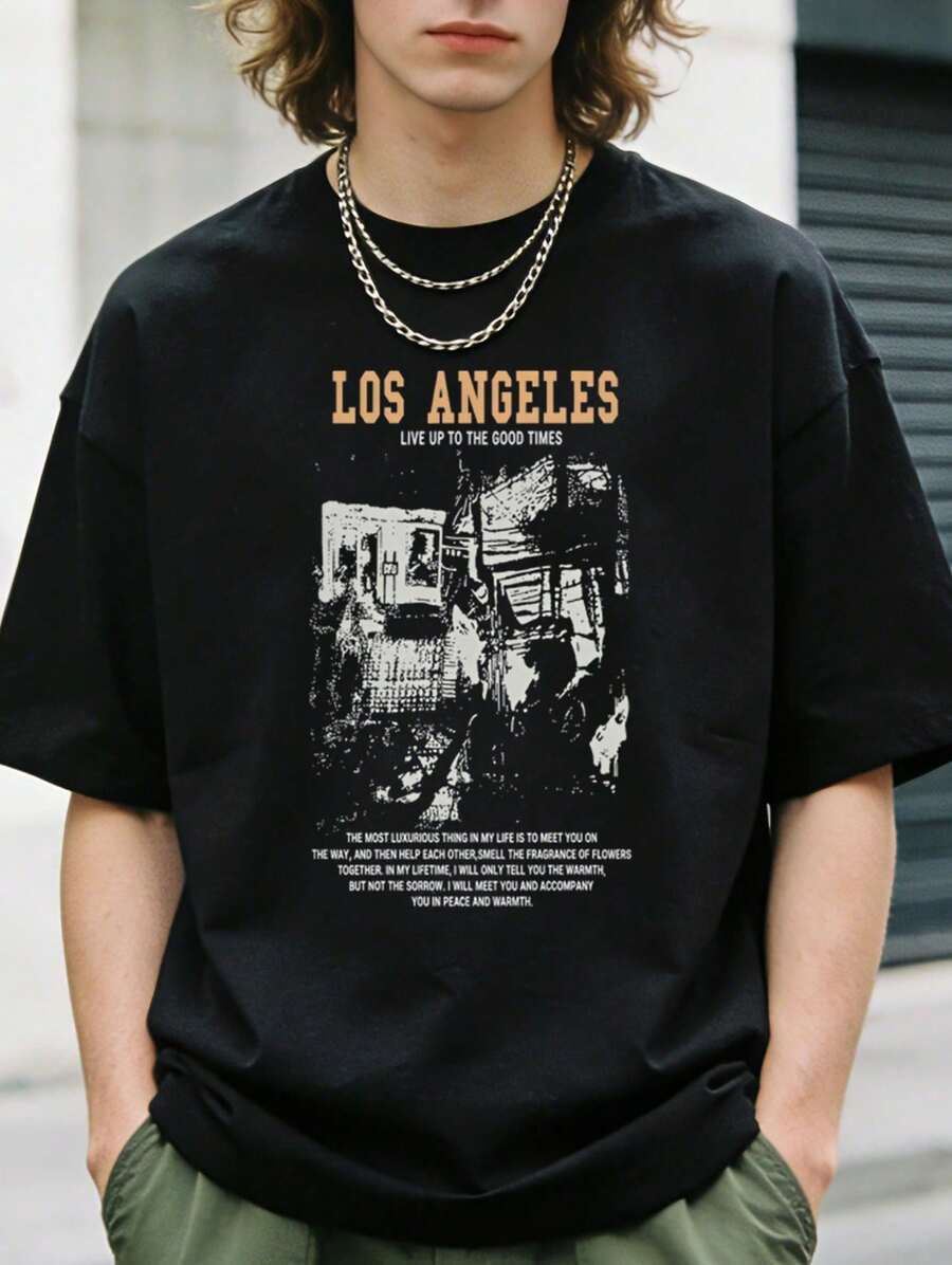 1 Piece Of Men's Clothing, Black T-Shirt With Los Angeles Print, Unisex Casual Crew Neck T-Shirt, Men's Plus Size 5XL Clothing, Lightweight 180 G/M² Knit Fabric, Wash - 黑色 - 查看 1