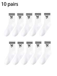 6/8/10/20 Pairs Neutral Classic Bow Pattern Breathable Moisture-Wicking Mid-Calf Socks, Soft Casual Sports Socks, Suitable For Daily Wear - Multicolor - View 23