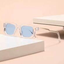 Unisex Retro Thick-Rimmed Small Square Frame Glasses, Available As Single Pair Or 3-Color Set, Glossy Black Thick Frame With Multi-Color Translucent Lenses, American Street Style Daily Outfit Accessory - 透明框藍片 - 查看 7