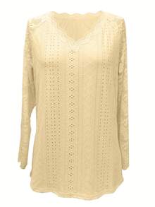 T-Shirt With Eyelets And Contrasting Lace V-Neck, Elegant Long-Sleeved T-Shirt For Spring And Autumn, Women's Clothing - 粉色 - 查看 11