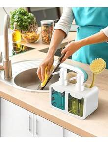 Bestseek Juego de dispensador de jabón para manos y platos de cocina, dispensador de jabón doble con organizador de esponja y soporte para brochas, organizador 4 en 1 blanco, HS-V - Negro - Ver 4