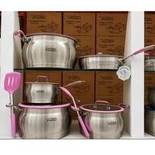 Jumbo 12-Piece Cookware Set Made Of High-Quality Stainless Steel, Including A Saucepan, Frying Pan, And Jumbo Pots. Features Pink Silicone Handles And A 5-Layer Diffuser Base For Optimal Heat Distribution. Compatible With All Heat Sources, Including Induction. - View 8