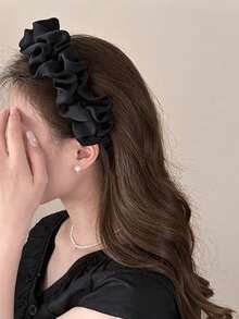 1pc Black Pleated Ruffle Satin French Style Gentle Headband, All-Season Versatile High Crown Face-Slimming Hair Hoop For Daily Face Washing, Commuting, Dating - Multicolor - View 5