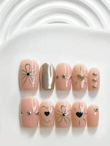 10pcs Sweet Cool Style Handmade Press-On Nails, Polymer Nail Tips Set, Small Flower Heart Pattern, Gold Nail Polish, Exquisite Elegant Style, Includes Manicure Tools, 3 Sizes Available (Square, Short Square, Almond), Suitable For Parties, Dancing, Daily Wear - 彩色 - 查看 4