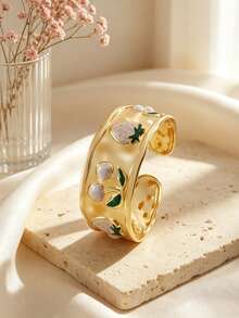 VceTd 1pc Gentle & Cute Style Stainless Steel Women's Bracelet With Enamel Drip Strawberry & Cherry Design, Suitable For Ladies To Wear At Banquets, Parties, Travel, Or Dates With Friends - Yellow Gold - View 7