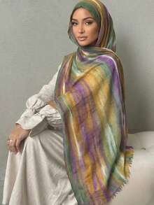 1件漸層色自然捲紋印花穆斯林頭巾，新款時尚披肩圍巾 - 彩色 - 查看 5