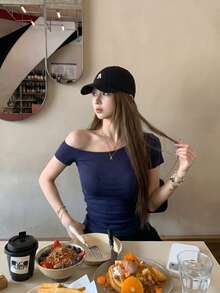 Fashion Asymmetric Collar Short Sleeve Fitted Cropped T-Shirt Summer - Navy Blue - View 5