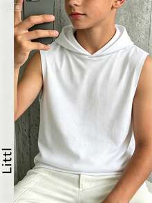 Tween Boys Sleeveless Hooded T-Shirt, Stylish Casual, Solid Color Versatile, Fashion Top, Suitable For Travel, Vacation, Camping, Birthday Gift, Great For Outdoor - White - View 8