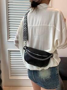 Mini Bolso de Cintura/Pecho Minimalista Versátil Unisex de unicolor, Decoración de Cadena Metálica, Correa para Hombro Destacada - Negro - Ver 6