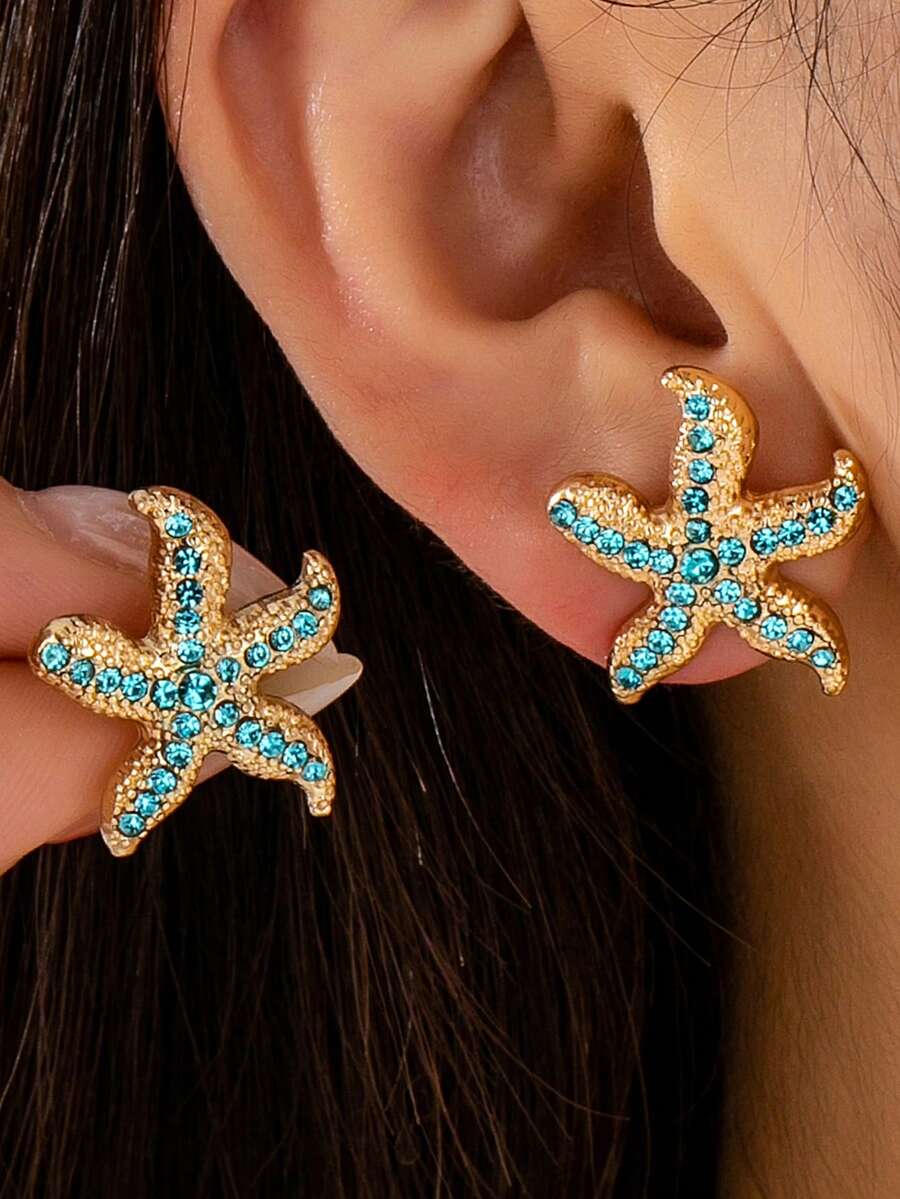 1對時尚3D合金彩色珍珠粉塗油海星耳釘 - 淺藍色 - 查看 1