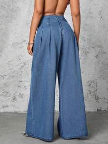 Jeans de cintura alta y pierna ancha para mujer - Azul - Ver 6