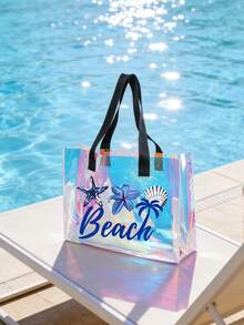 Holographic Rainbow Starfish & Shell Print Transparent Tote Bag, Colorful Transparent Beach Bag, Large Waterproof PVC Swimming Bag, Portable Transparent Travel Shoulder Bag, Lightweight Durable Pool Bag, Fashion Transparent Handbag Suitable For Beach Vacation, Swimming, Sports Training, Fitness, Travel, Daily Outings, Shopping, Mother's Day, Birthday, Anniversary, Party Gifts For Women, Girls, Moms, Friends, Summer Essential - Multicolor - View 5