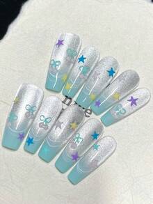 1package/10pcs-Y2K 3D Star Nails | Pastel Neon Striped Press Ons | Retro Groovy Square Fake Nails For Festival Summer Handmade Press On Nails - Mint Blue - View 3