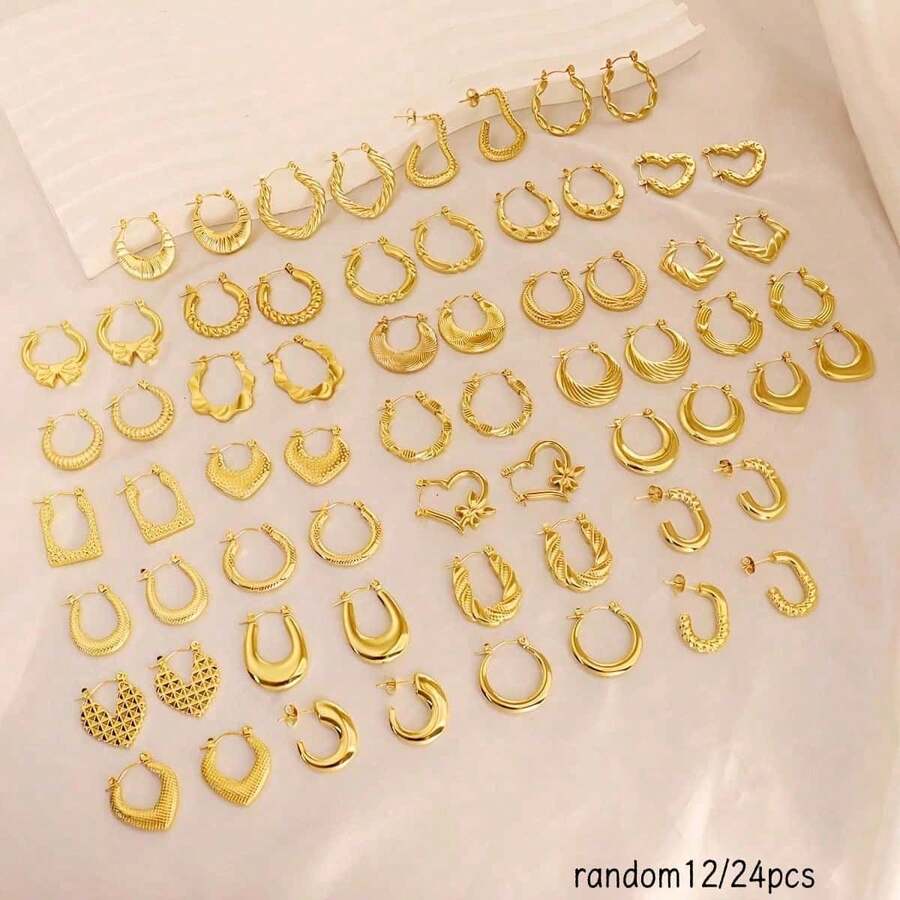 6/12 Pairs Stainless Steel Gold-Plated U-Shaped Twisted/Snake Texture/Asymmetrical Heart Zigzag Hydraulic Earrings, Elegant Earrings, Unbreakable Earrings, Women's Earring Set, Large Earrings - Multicolor - View 1