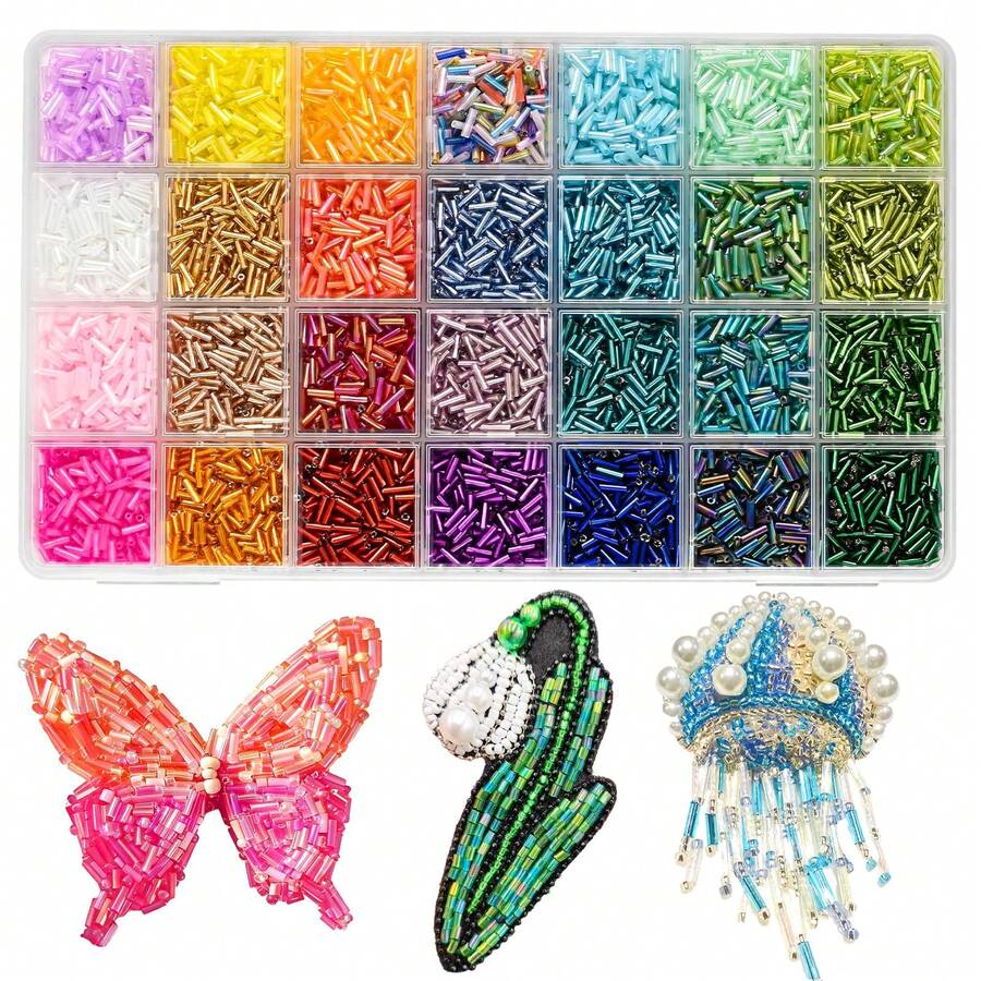 18 Colors Tubular Glass Beads Set Box, Solid Color Long Cylindrical Rice Beads, Suitable For DIY Embroidery, Brooch, Bracelet, Jewelry Making Handicrafts - Multicolor - View 1