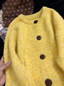 Women's Casual Basic Knit Cardigan Jacket, New Autumn/Winter, Single-Breasted Button Front, Solid Color, Round Neck, Raglan Sleeves, Elegant And Sophisticated, Suitable For Daily Outings, Vintage Fashion Preppy Style, 1 Piece (Scarf Not Included) - Yellow - View 5