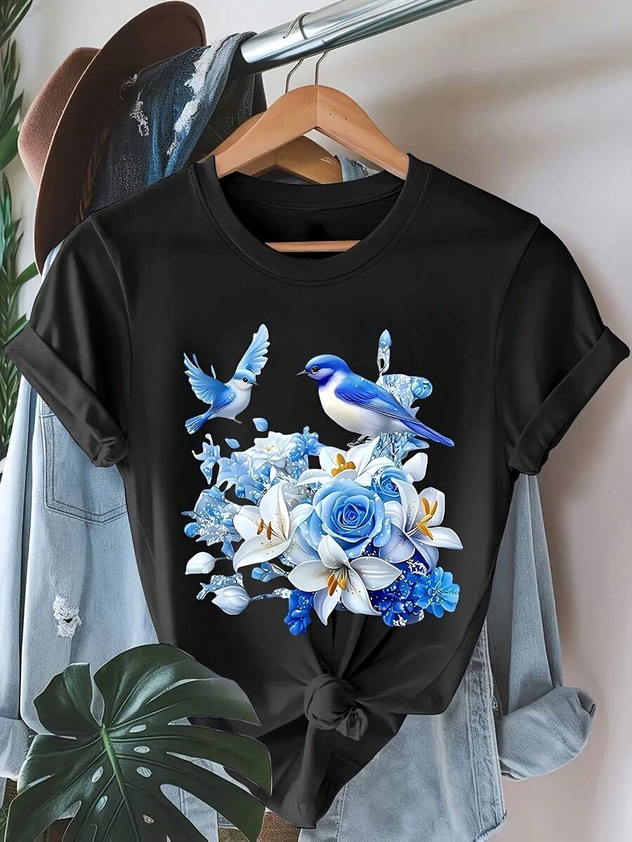 Bird Print Shirt, Short Sleeves, Round Neck, Semi-Stretchy Casual Top, Suitable For Summer And Spring, Machine Washable, Casual Outfit With Bird And Flower Pattern - Back - View 1