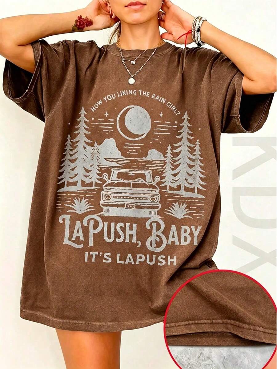 Women's New Summer Cotton T-Shirt, Vintage Washed Forest Landscape Print, Breathable Men's T-Shirt For Casual Everyday Couple Outfits - 咖啡棕 - 查看 1