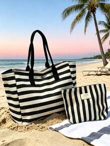 Large Capacity Black And White Striped Beach Tote Bag, Foldable Canvas Shoulder Bag, Waterproof And Sandproof Travel Bag, Suitable For Summer Essentials, Perfect For Beach Trips, Swimming, Shopping And Daily Use, Suitable For Women, Travelers And Beach Lovers, Perfect For Spring Break, Easter, Mother's Day, Teacher's Day, Graduation Season, Back To School, Christmas, Vacation And Gifts, Woven Material, Can Be Used As Beach Bag, Shopping Bag And Travel Companion, Best Travel Partner For Women - Multicolor - View 3